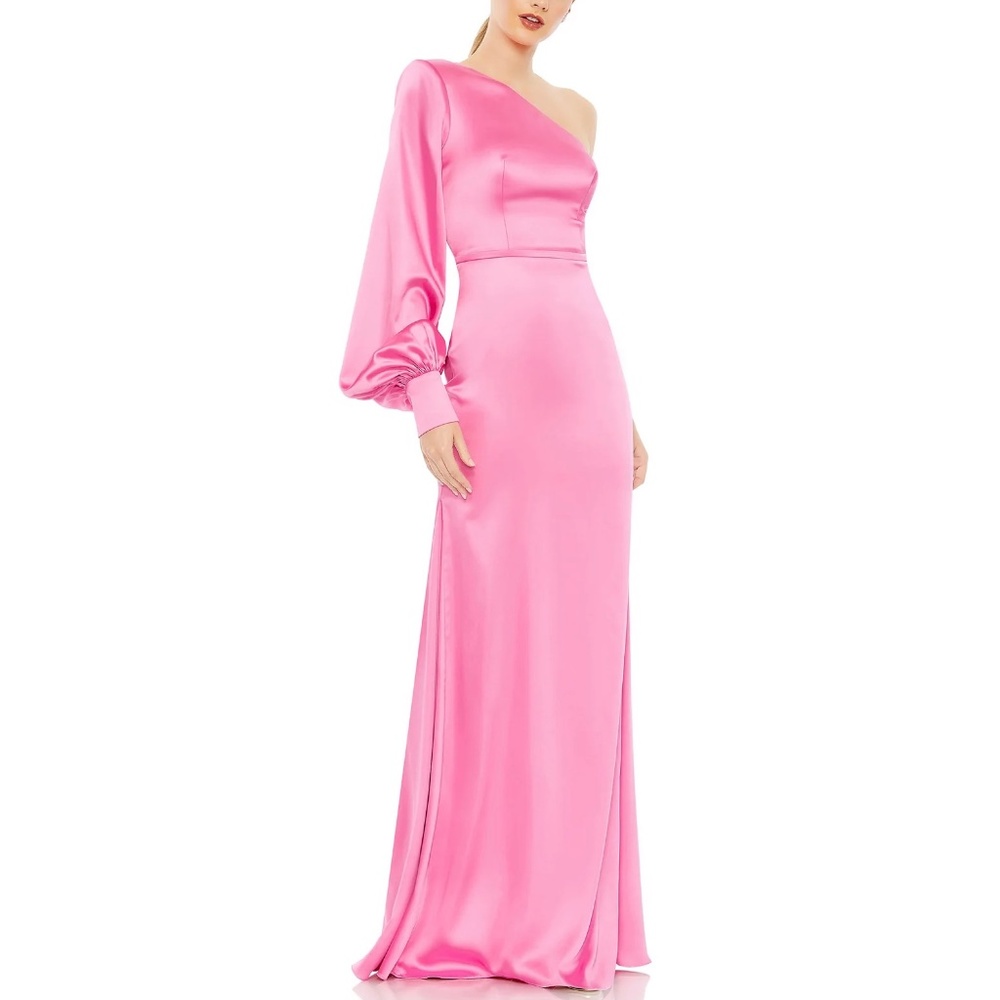 NEW Mac Duggal 26712 One Shoulder Bishop Sleeve Trumpet Gown Candy Pink size 2